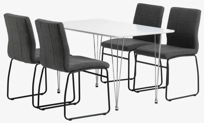 BANNERUP L120 bord hvid + 4 HAMMEL stole grå