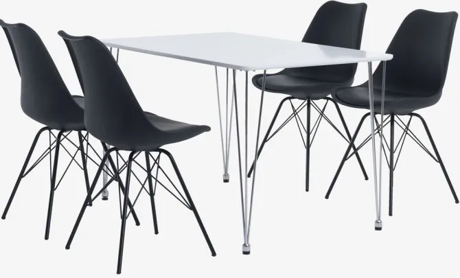 BANNERUP L120 bord hvid + 4 KLARUP stole sort