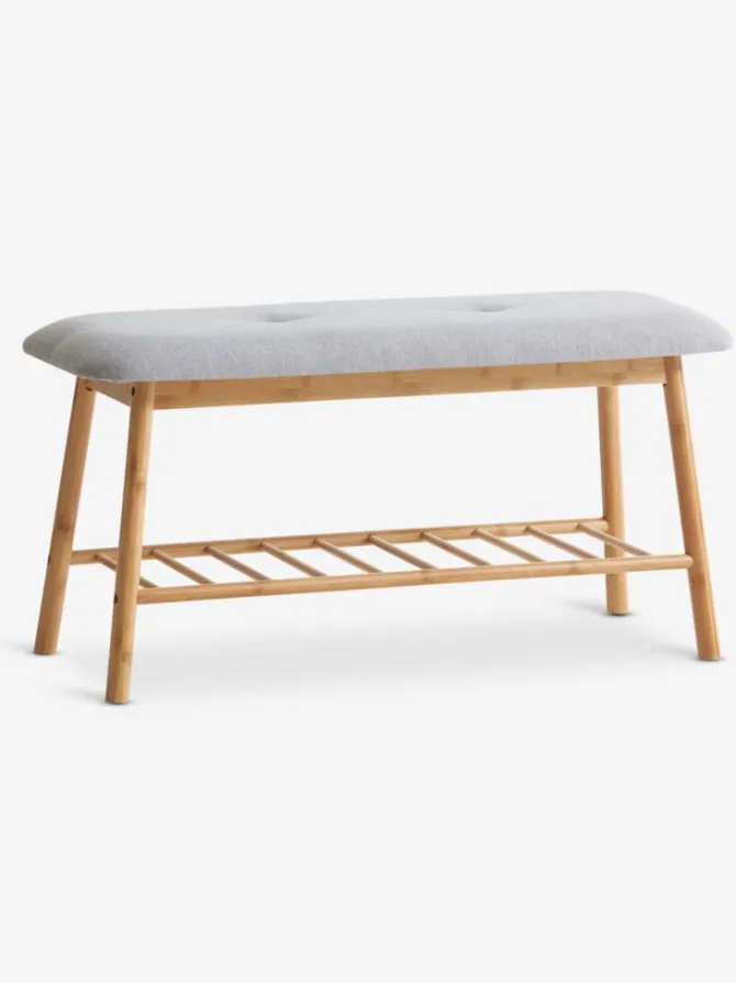 Bænk VANDSTED m/hylde gråt stof/bambus