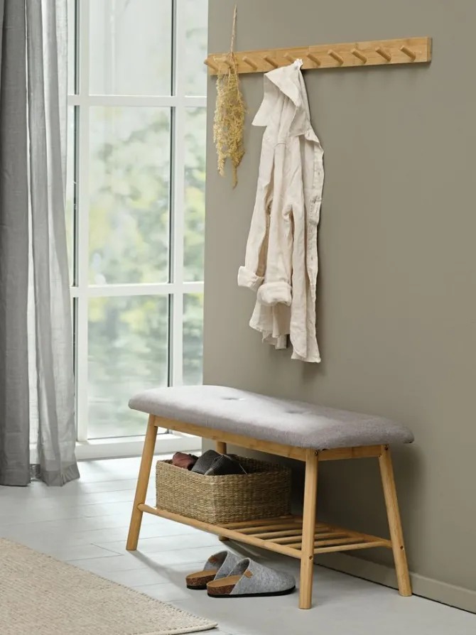 Bænk VANDSTED m/hylde gråt stof/bambus