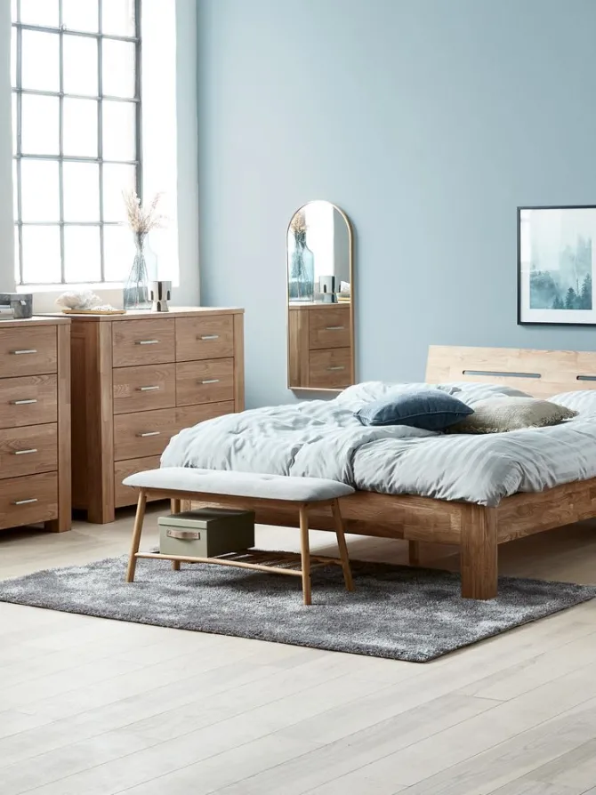 Bænk VANDSTED m/hylde gråt stof/bambus