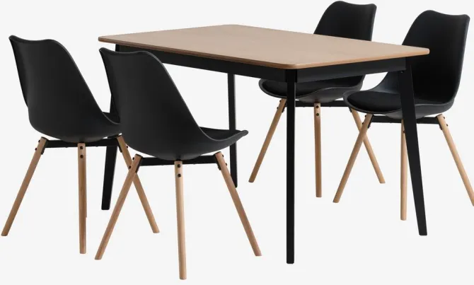 JEGIND L130 bord eg + 4 KASTRUP stole sort