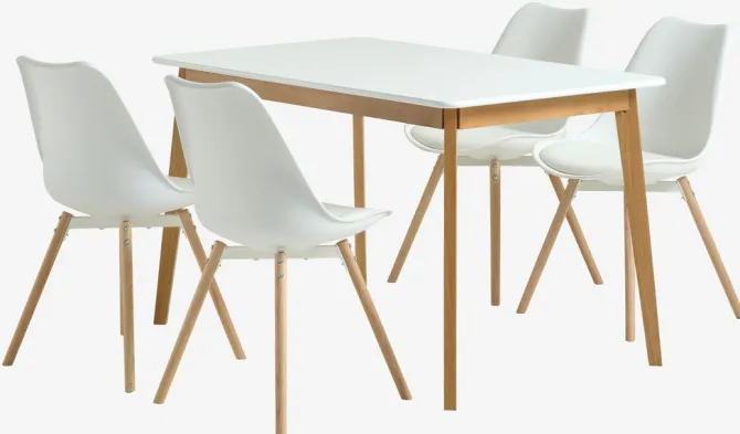 JEGIND L130 bord hvid + 4 KASTRUP stole hvid