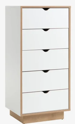 Kommode MAMMEN 5 skuffer smal hvid/eg
