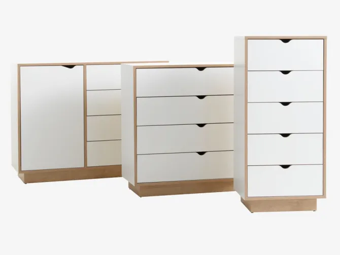 Kommode MAMMEN 5 skuffer smal hvid/eg