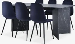 KRONDAL L180 bord marmor + 4 BISTRUP mørkeblå velour