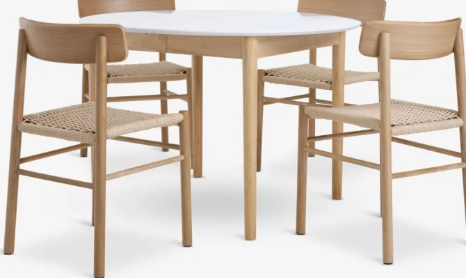 MARSTRAND Ø110 bord hvid + 4 ISLEV u/armlæn eg