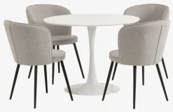 RINGSTED Ø100 bord hvid + 4 RISSKOV stole lysegrå