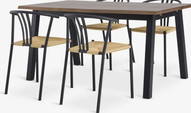 SKOVLUNDE L160 bord mørk eg + 4 JYDERUP stole sort