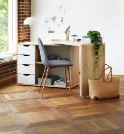 Skrivebord LANGAGER 41-107x107-165 lys eg farve/hvid