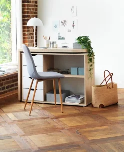 Skrivebord LANGAGER 41-107x107-165 lys eg farve/hvid