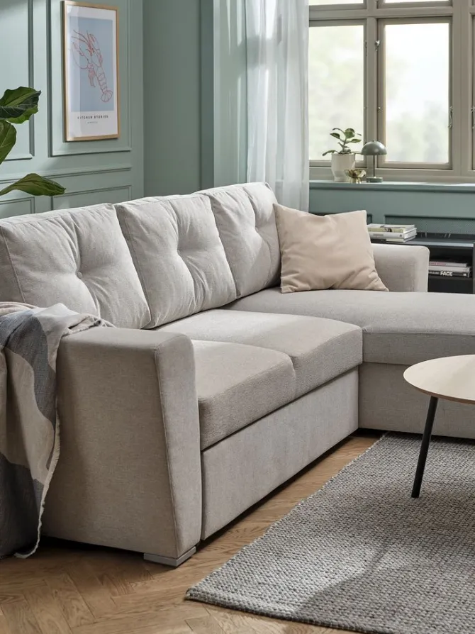 Sovesofa chaiselong VEJLBY lyst sandfarvet stof