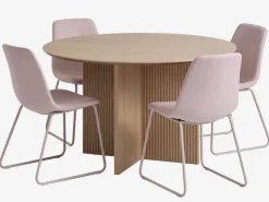 VESTERBORG Ø130 bord eg + 4 SEJLSTRUP stole lys rosa